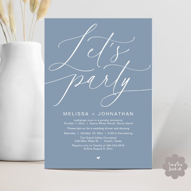 Invitation Faisons la fête avec joie après le dîner Mariage (Let's Party Happily Ever After Romantic Modern Wedding Dinner Invitation Card PDF Dusty Blue)