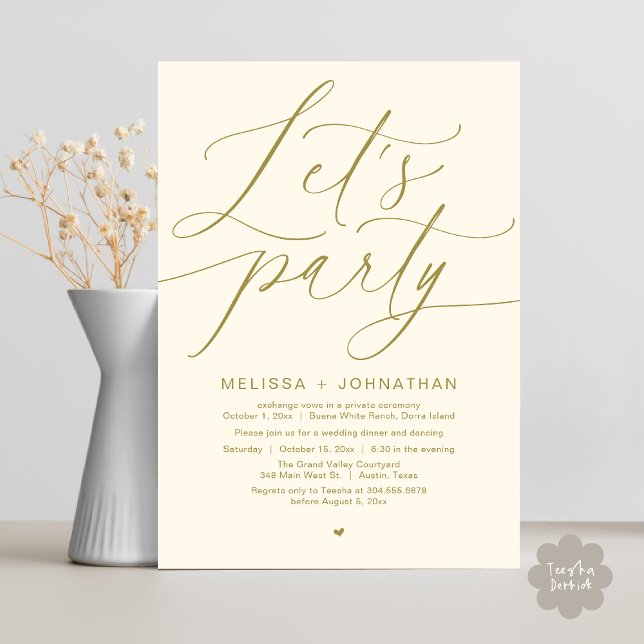 Invitation Faisons la fête avec joie après le dîner Mariage (Let's Party Happily Ever After Romantic Modern Wedding Dinner Invitation Card PDF Yellow Gold)