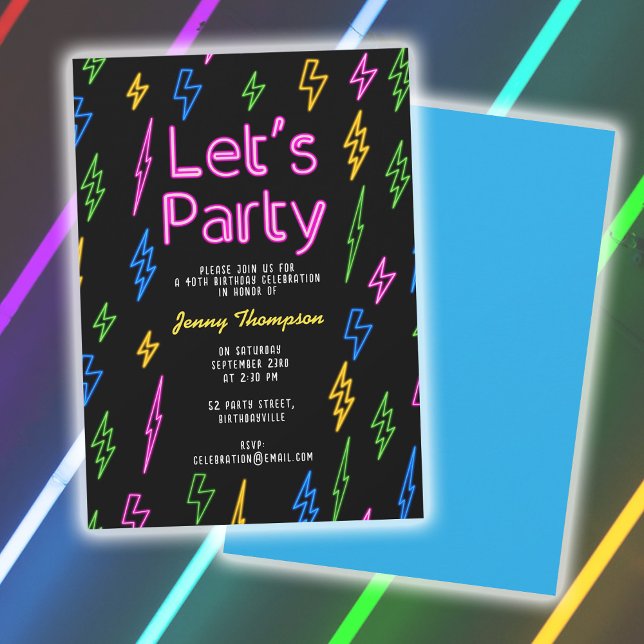 Invitation Faisons la fête colorée 80's Retro Neon Anniversai (Let's Party Colorful 80's Retro Neon Birthday Invitation)