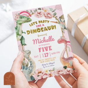 Invitation Faisons la fête comme une fille dinosaure rose ann