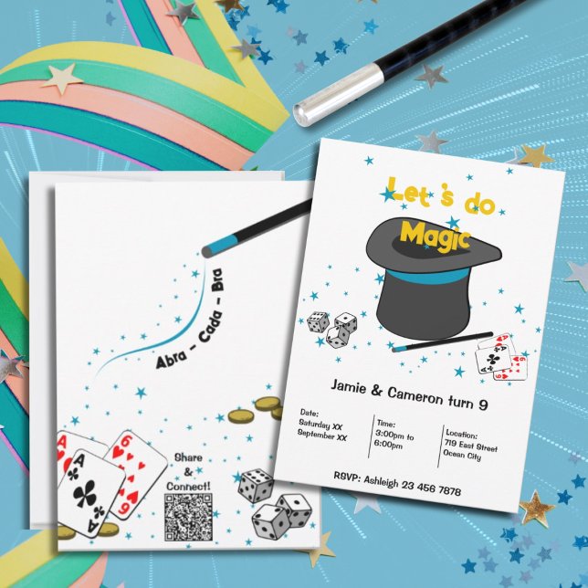 Invitation Faisons la fête d'anniversaire conjointe des enfan (Let's do Magic Kids Joint Birthday Party Invitation, Black, White, Blue, Custom Text, Color)