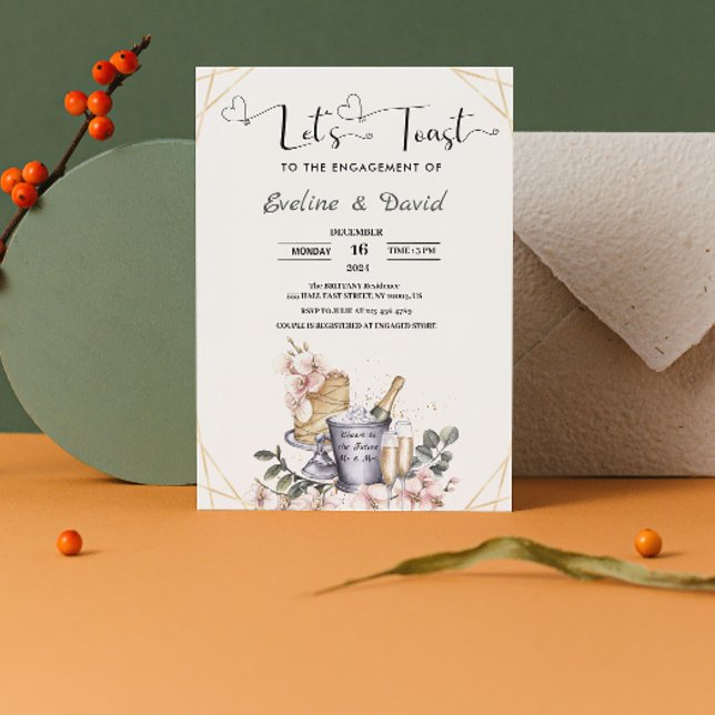 Invitation Faisons la Fête de Fiançailles Fleurs Aquarelle (Let's Toast Engagement Party Watercolor Floral Invitation  elegant floral gold classic)