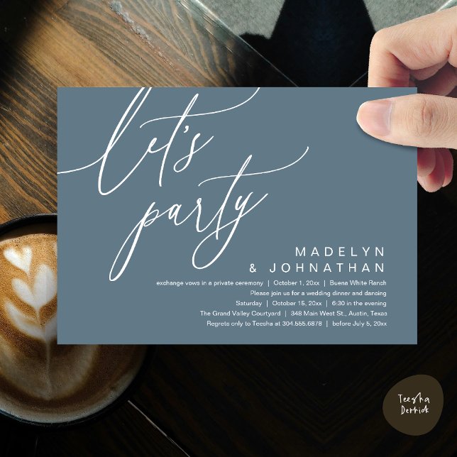 Invitation Faisons la fête, dîner de mariage romantique et da (Let's Party, Romantic Charm Wedding Dinner Dancing Lunch Brunch Invitation Card PDF Dusty Blue)