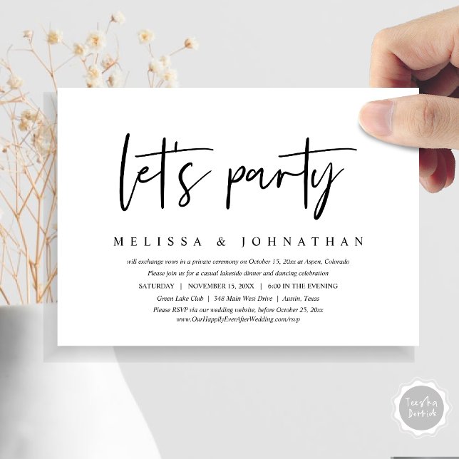 Invitation Faisons la fête, dîner d'élopement de mariage déco (Let's Party, Post Wedding Elopement Dinner and Party Celebration Invitation Card, in Black and White)