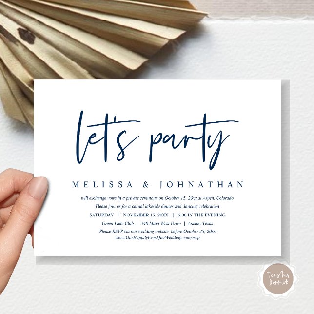 Invitation Faisons la fête, dîner d'élopement de mariage déco (Let's Party, Post Wedding Elopement Dinner and Party Celebration Invitation Card, in Navy Blue)