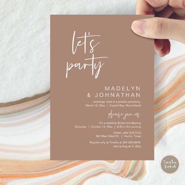 Invitation Faisons la fête, dîner d'Elopement Mariage et dans (Let's Party, Modern Wedding Elopement Dinner and Dancing Invitation Card, PDF, in Neutral Taupe)