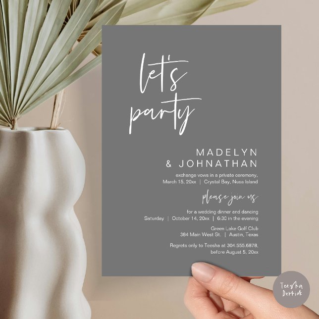 Invitation Faisons la fête, dîner d'Elopement Mariage et dans (Let's Party, Modern Wedding Elopement Dinner and Dancing Invitation Card, PDF, in Dark Grey)