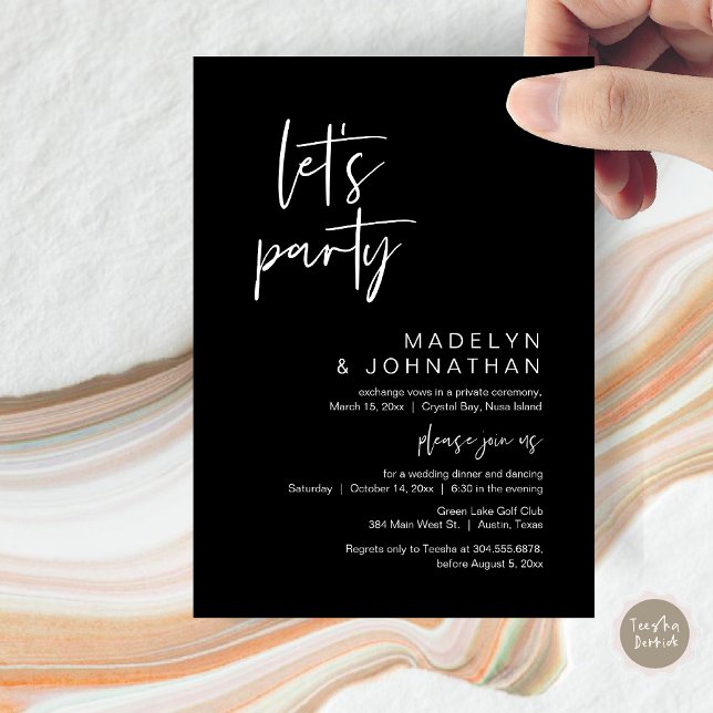 Invitation Faisons la fête, dîner d'Elopement Mariage et dans (Let's Party, Modern Wedding Elopement Dinner and Dancing Invitation Card, PDF, in Classy Black)