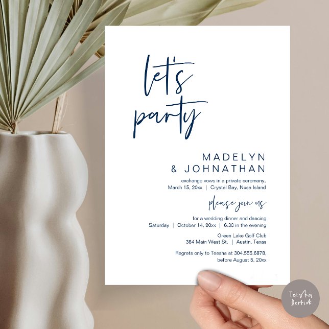 Invitation Faisons la fête, dîner d'Elopement Mariage et dans (Let's Party, Modern Wedding Elopement Dinner and Dancing Invitation Card, PDF, in Navy Blue)