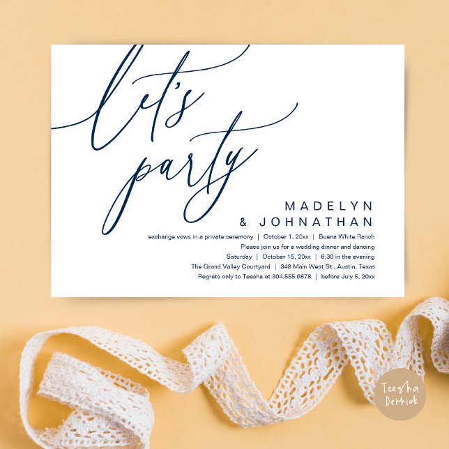 Invitation Faisons la fête, dîner Mariage romantique et danse (Let's Party, Romantic Charm Wedding Dinner Dancing Lunch Brunch Invitation Card PDF Navy Blue)
