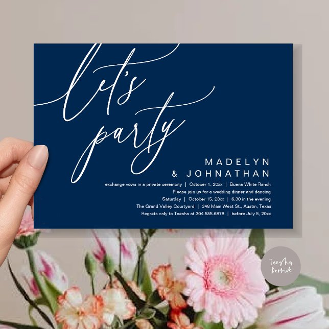 Invitation Faisons la fête, dîner Mariage romantique et danse (Let's Party, Romantic Charm Wedding Dinner Dancing Lunch Brunch Invitation Card PDF Navy Blue)