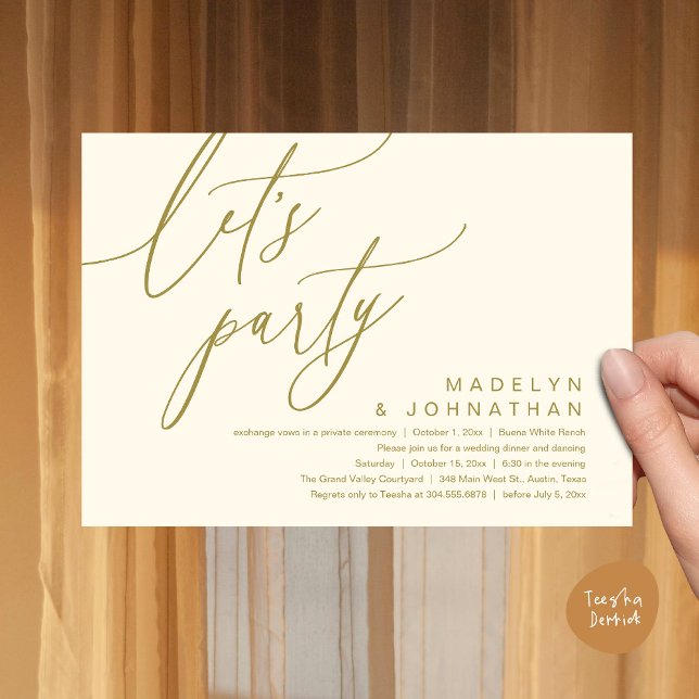 Invitation Faisons la fête, dîner Mariage romantique et danse (Let's Party, Romantic Charm Wedding Dinner Dancing Lunch Brunch Invitation Card PDF Yellow gold)