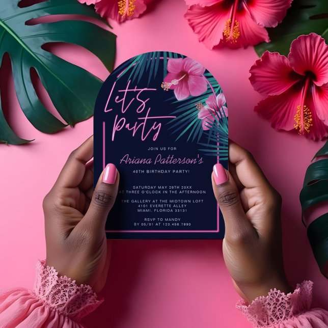 Invitation Faisons la fête Electric Neon rose Tropical Annive (Let's Party Electric Neon Pink Tropical Birthday Invitation)