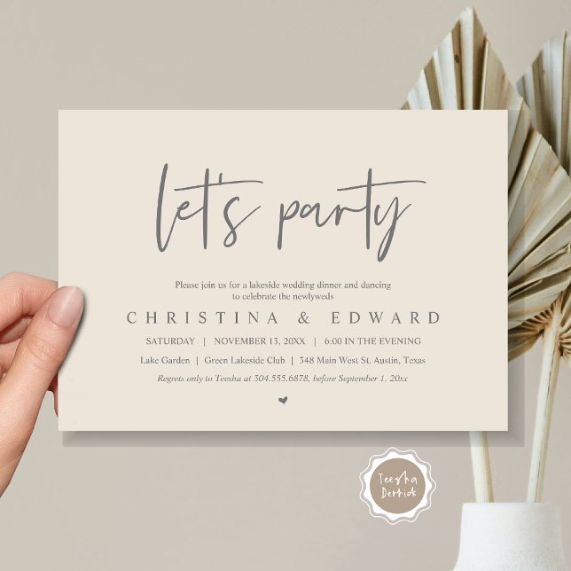 Invitation Faisons la fête, Elopement Mariage, Minimaliste mo (Let's Party, Wedding Elopement Dinner Invitation Card, Printed and Digital File, in Grey and Cream)