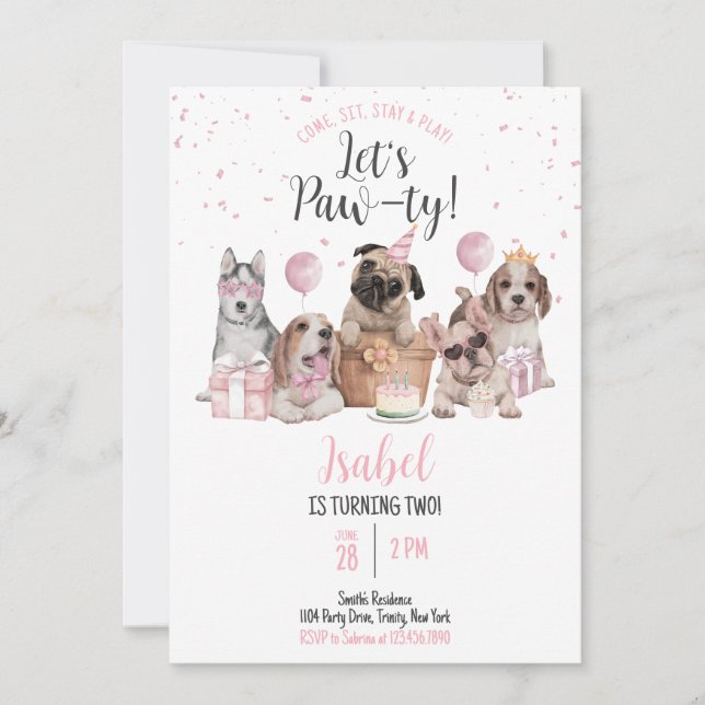 Invitation Faisons la Fête Fille Anniversaire Chien (Devant)