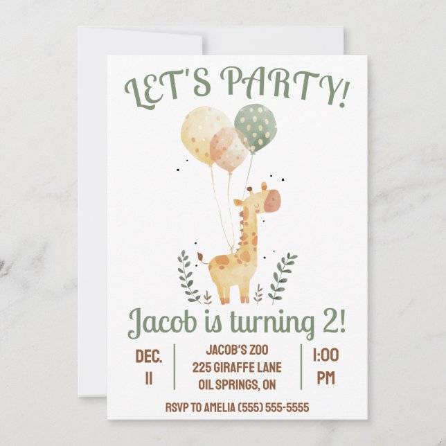 Invitation Faisons la fête ! Girafe avec ballons fête d'anniv (Devant)