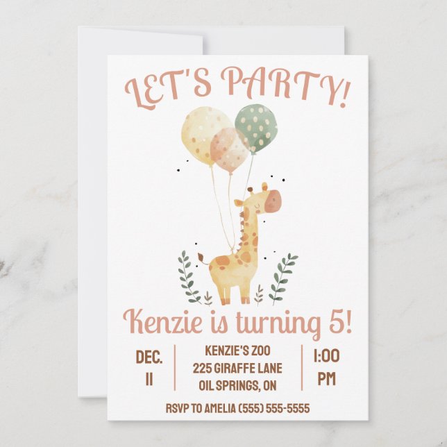 Invitation Faisons la fête ! Girafe avec ballons fête d'anniv (Devant)