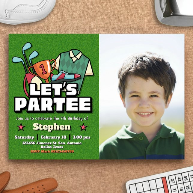Invitation Faisons la Fête - Golf Anniversaire avec Photo Pay (Lets Partee - Golf Birthday with Photo Landscape Invitation)