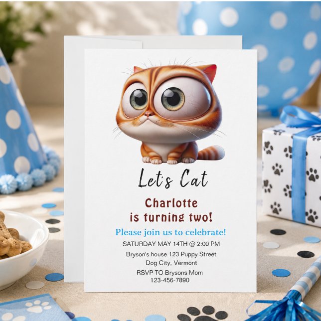 Invitation Faisons la fête ! Joyeux 2e anniversaire au chat m (Let's Pawty! Cute Cat 2nd Birthday Party Invitation)