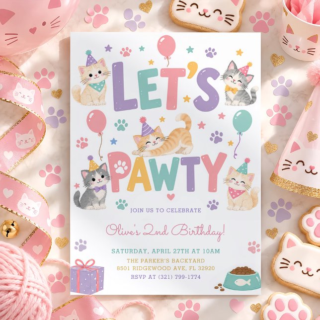 Invitation Faisons la Fête Kitty Chat Pastel Fille Anniversai (Créateur téléchargé)