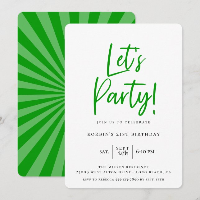 Invitation Faisons la fête moderne Script vert Anniversaire (Devant / Derrière)