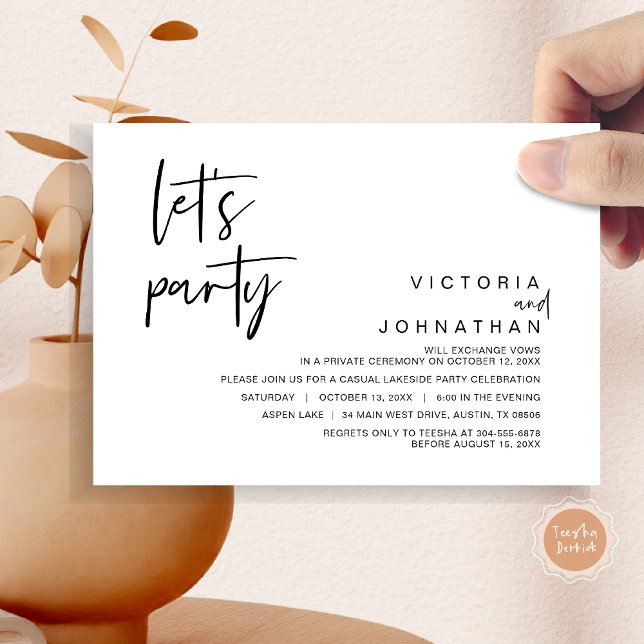 Invitation Faisons la fête, parti Elopement Mariage (Let's Party, Wedding Elopement Dinner Invitation Card, Modern Minimalist Script, in Black and White)