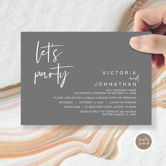 Invitation Faisons la fête, parti Elopement Mariage (Let's Party, Wedding Elopement Dinner Invitation Card, Modern Minimalist Script, in Dark Grey)
