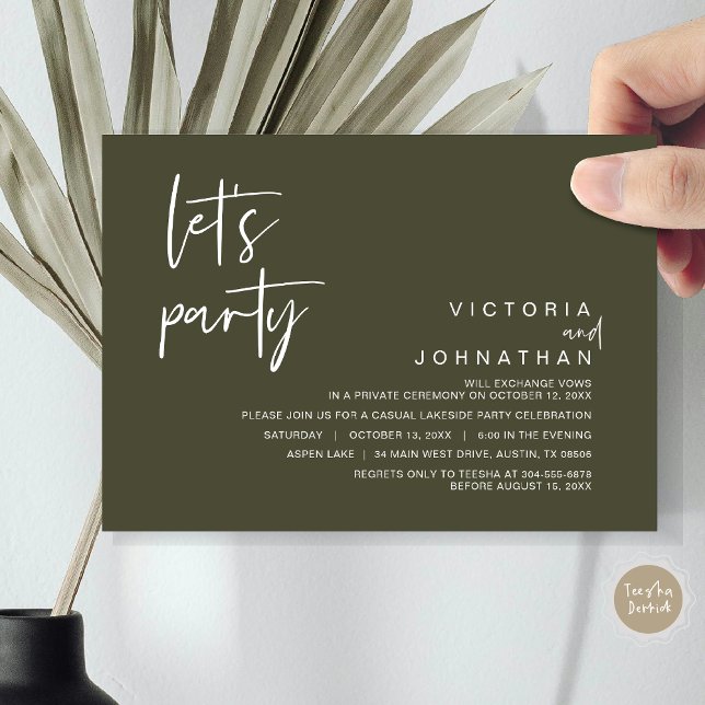 Invitation Faisons la fête, parti Elopement Mariage (Let's Party, Wedding Elopement Dinner Invitation Card, Modern Minimalist Script, in Olive green)