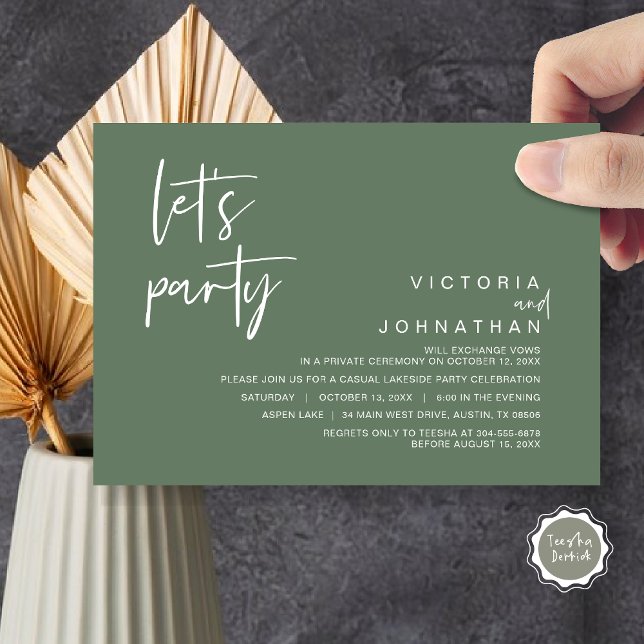 Invitation Faisons la fête, parti Elopement Mariage (Let's Party, Wedding Elopement Dinner Invitation Card, Modern Minimalist Script, in Sage Green)