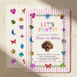 Invitation Faisons la Fête Photo de Chien Rayures Roses Anniv