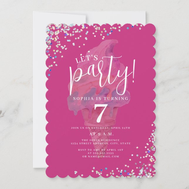 Invitation Faisons la fête Rainbow Pink Ice Cream Anniversair (Devant)