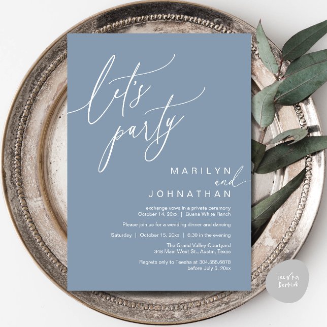 Invitation Faisons la fête, Réception de mariage romantique m (Let's Party, Modern Romantic Wedding Reception Dinner Invitation Card in Dusty Blue)