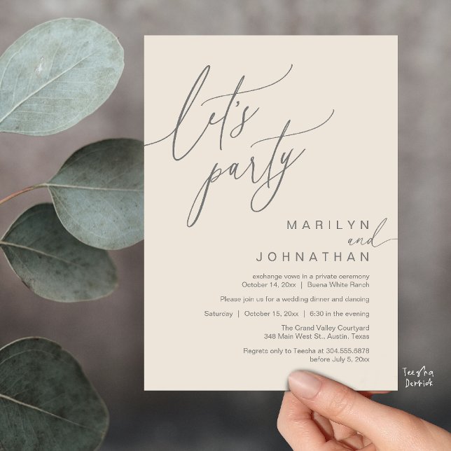 Invitation Faisons la fête, Réception de mariage romantique m (Let's Party, Modern Romantic Wedding Reception Dinner Invitation Card in Cream Grey)