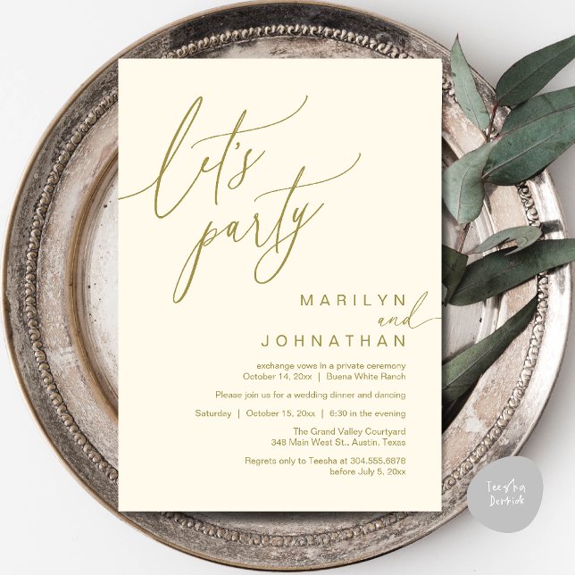 Invitation Faisons la fête, Réception de mariage romantique m (Let's Party, Modern Romantic Wedding Reception Dinner Invitation Card in Yellow Cream)