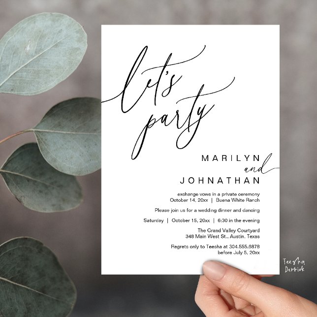 Invitation Faisons la fête, Réception de mariage romantique m (Let's Party, Modern Romantic Wedding Reception Dinner Invitation Card in Black and White)