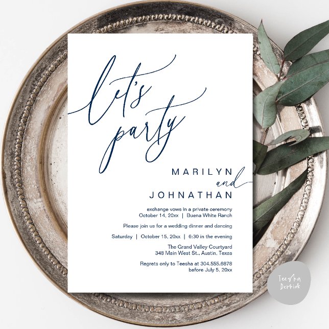 Invitation Faisons la fête, Réception de mariage romantique m (Let's Party, Modern Romantic Wedding Reception Dinner Invitation Card in Navy Blue)