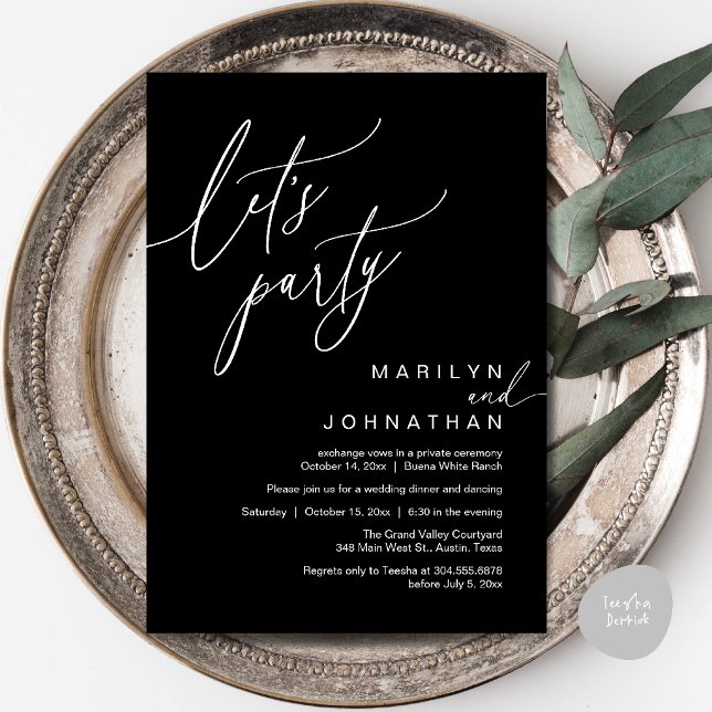 Invitation Faisons la fête, Réception de mariage romantique m (Let's Party, Modern Romantic Wedding Reception Dinner Invitation Card in Classy Black)