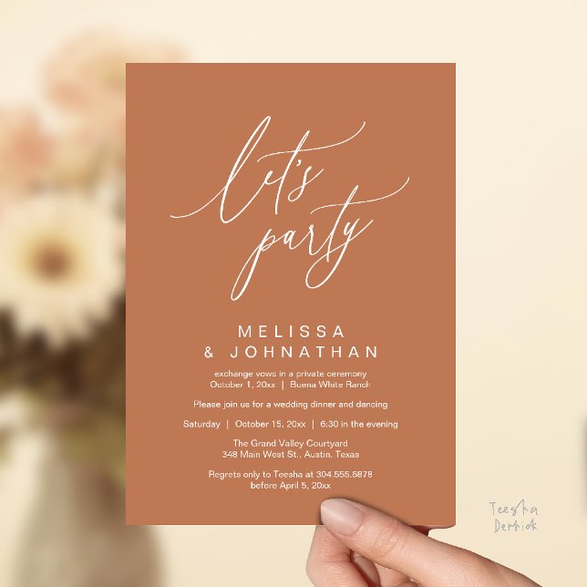 Invitation Faisons la fête, Réception de mariage romantique m (Let's Party, Modern Romantic Wedding Reception Dinner and Dancing Invitation Card in Copper Brown)