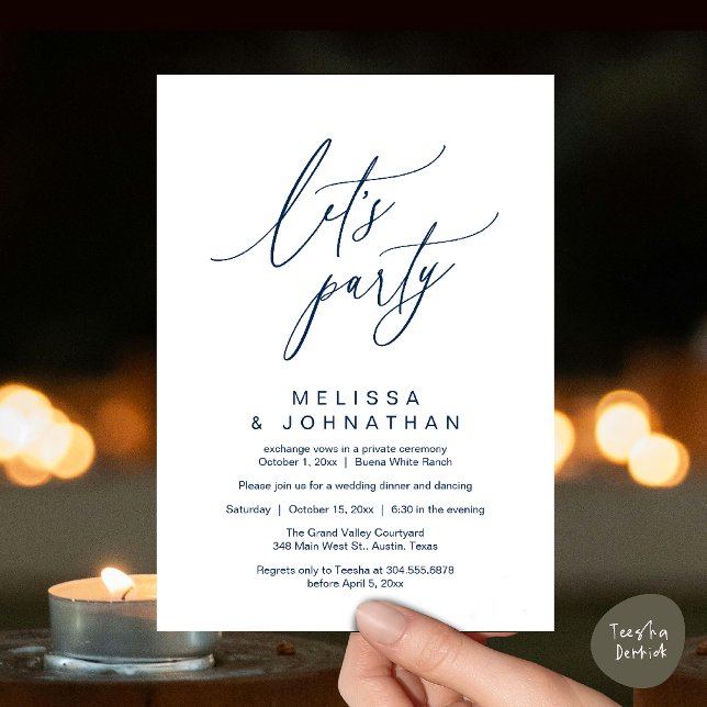 Invitation Faisons la fête, Réception de mariage romantique m (Let's Party, Modern Romantic Wedding Reception Dinner and Dancing Invitation Card in Navy Blue)