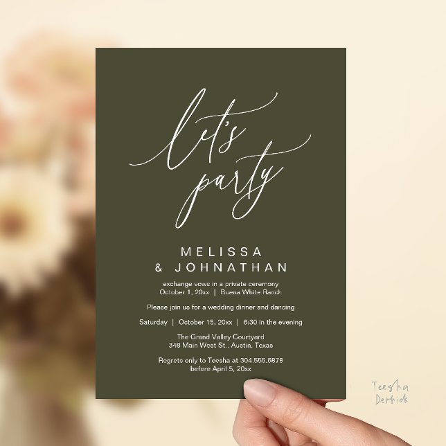 Invitation Faisons la fête, réception de mariage romantique m (Let's Party, Modern Romantic Wedding Reception Dinner and Dancing Invitation Card in Olive Green)