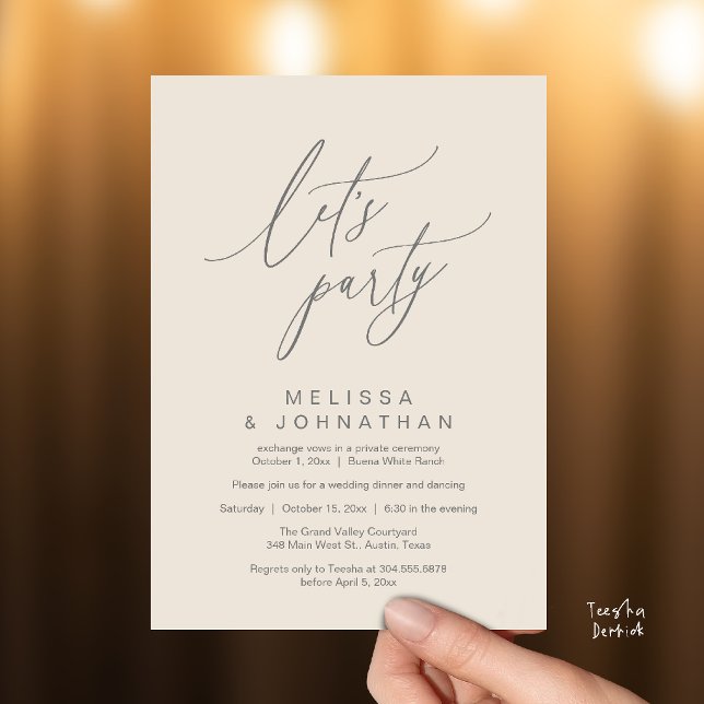 Invitation Faisons la fête, Réception de mariage romantique m (Let's Party, Modern Romantic Wedding Reception Dinner and Dancing Invitation Card in Cream Grey)