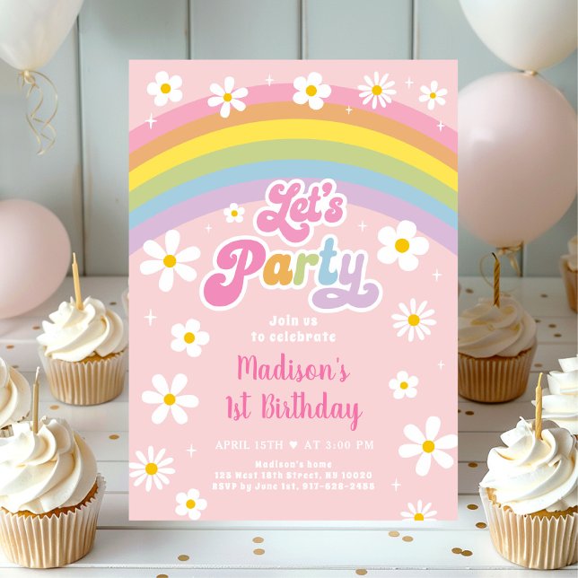 Invitation Faisons la fête Retro Daisy Rainbow Anniversaire (Créateur téléchargé)