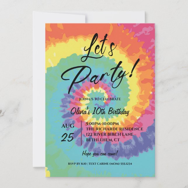Invitation Faisons la fête, rose Tie Dye anniversaire  (Devant)