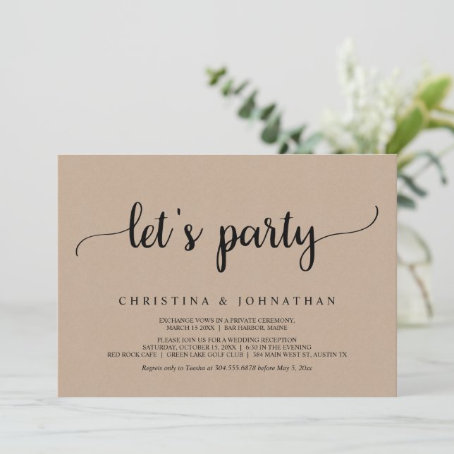 Invitation Faisons la fête, Rustic Brown Kraft Elopement Part (Debout devant)