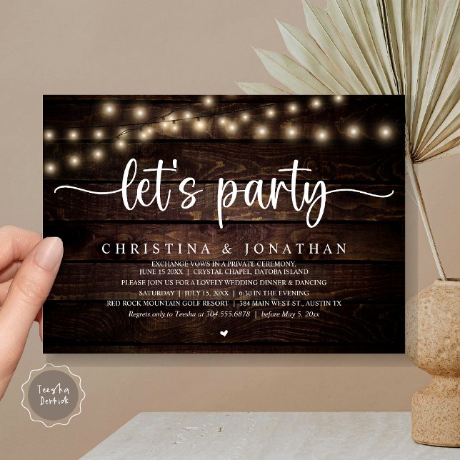 Invitation Faisons la fête, Rustic Mariage Dinner Elopement (Let's party, Rustic Wedding Dinner Elopement Invitation card, pdf, in cottage dark wood)