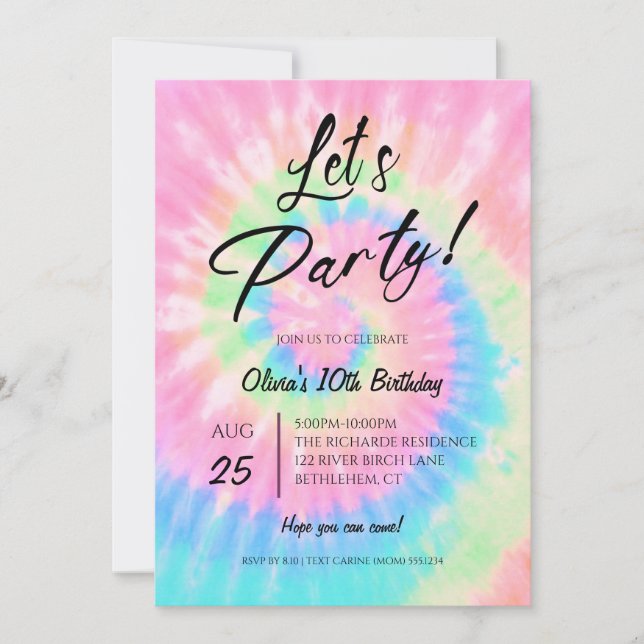Invitation Faisons la fête, tenue rose tie-dye pour un annive (Devant)