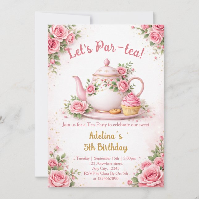 Invitation Faisons la fête Théière Rose Fleurie Fille Anniver (Devant)