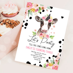 Invitation Faisons la fête Vache Florale Fille Animaux de fer