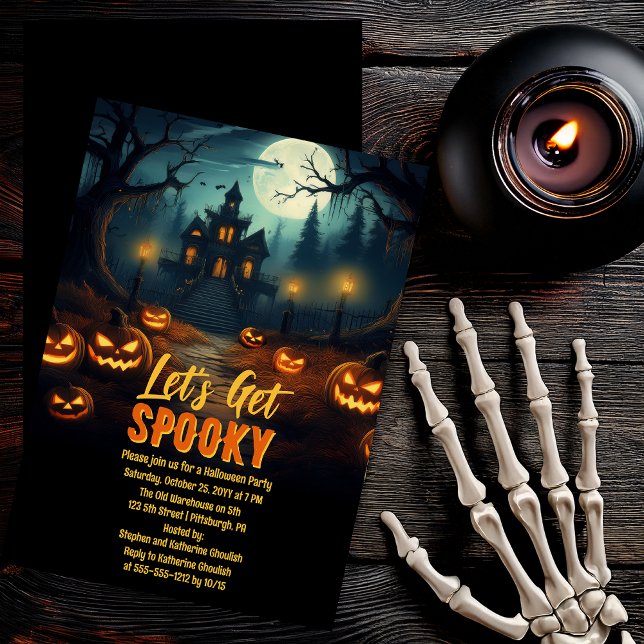 Invitation Faisons-nous une maison hantée pour la fête d'Hall ("Let's Get Spooky" Haunted House and Jack-O-Lanterns Full Moon Halloween Party Invitation )