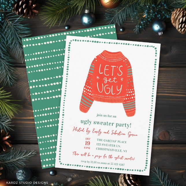 Invitation Faisons-nous une soirée fun avec un pull moche pou (Front + back of Christmas Party invitation shown at a 5x7 inch. )